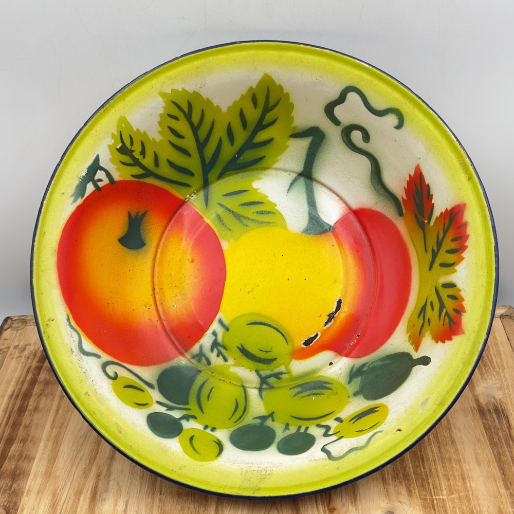 Vintage Enamelware Bowl Multi Fruit Hand Painted 1950s Large Farmhouse Basin